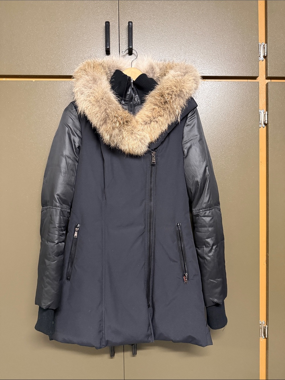 SICILY Black Puffer Coat with Tan Fur-Trim Hood